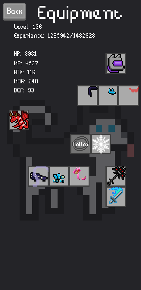 Equipment screen showing a doggo's gear and stats